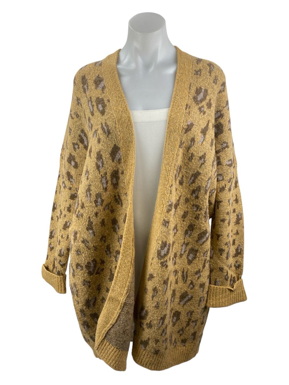 Easel Women's Tan Cheetah Leopard Animal Print Open Cardigan Sweater Top Size S